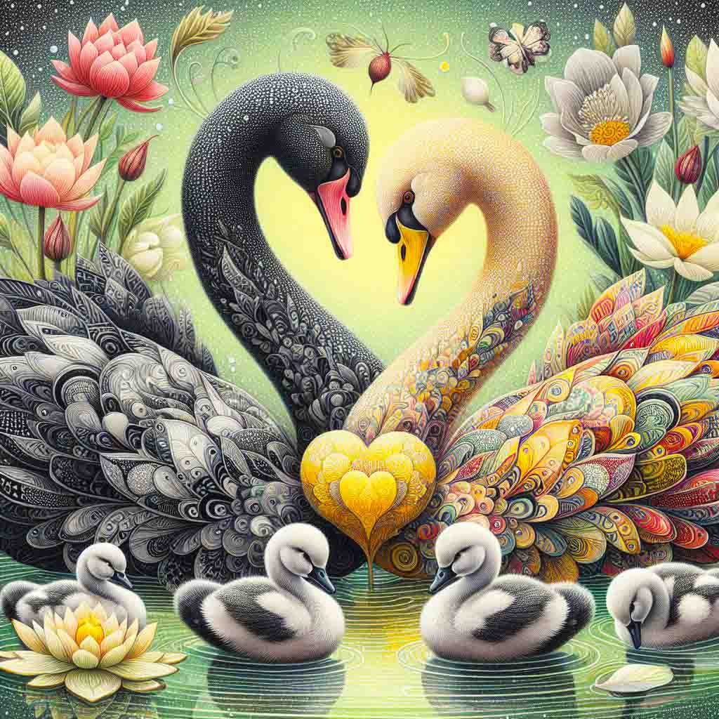 .Black & silver patterned swans, heads together to form a heart on a sparkling lake. There is a yellow rose heart, lotus flowers, colourful reeds, trees, and baby swans.  AI Art, swans, black swans, patterned swans, birds, nature, lakes, flowers.  Fantasy