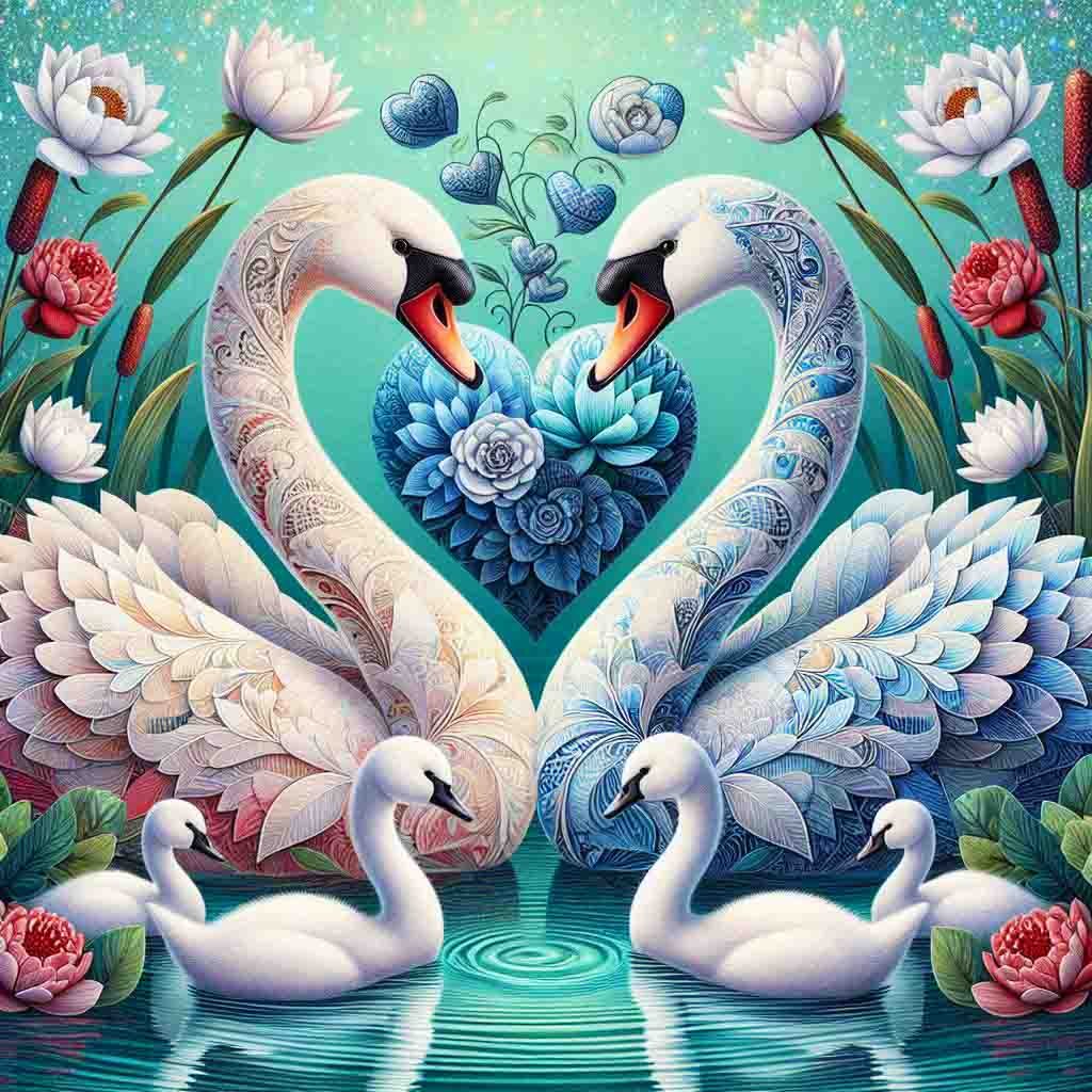 .Beautiful white patterned swans, heads together to form a heart on a sparkling lake. There is a blue rose heart, lotus flowers, colourful reeds, trees, and baby swans.  AI Art, swan, swans, baby swans, lakes, flowers,   Fantasy Art Wallpapers