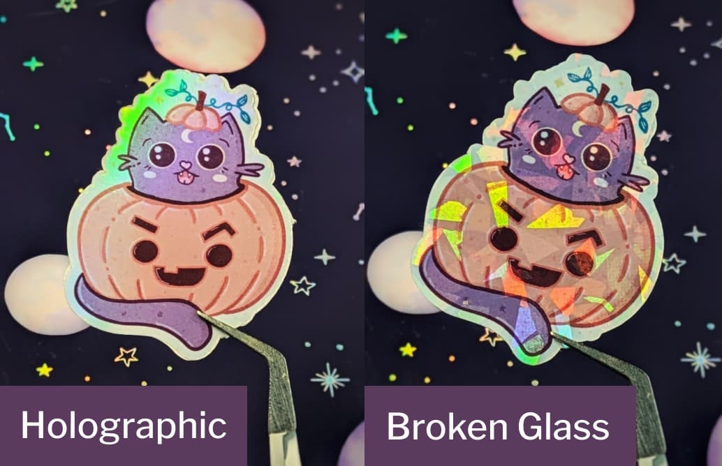A purple cat in an orange pumpkin - holographic and broken glass finish