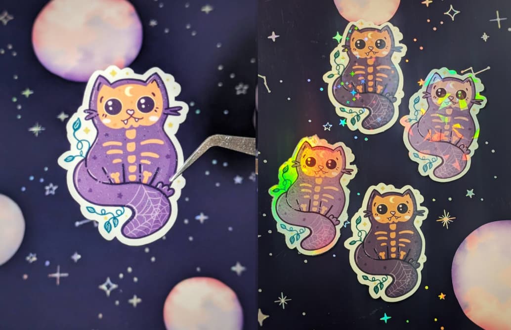 Sticker of a charming purple cat with an intriguing twist—its body reveals a glowing orange skeleton