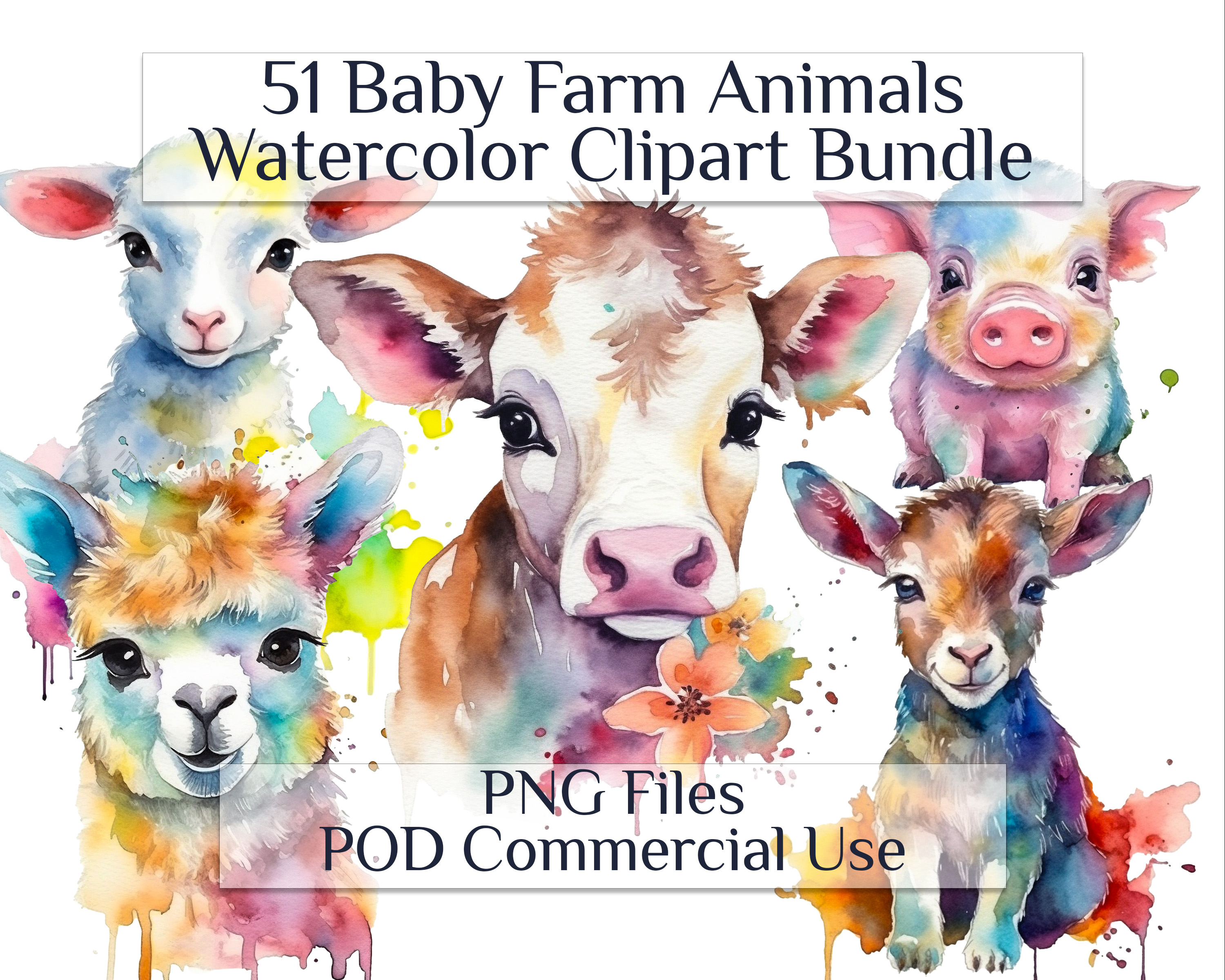 Baby Farm Animals Watercolor Clipart, PNG, Digital Crafting, Paper ...