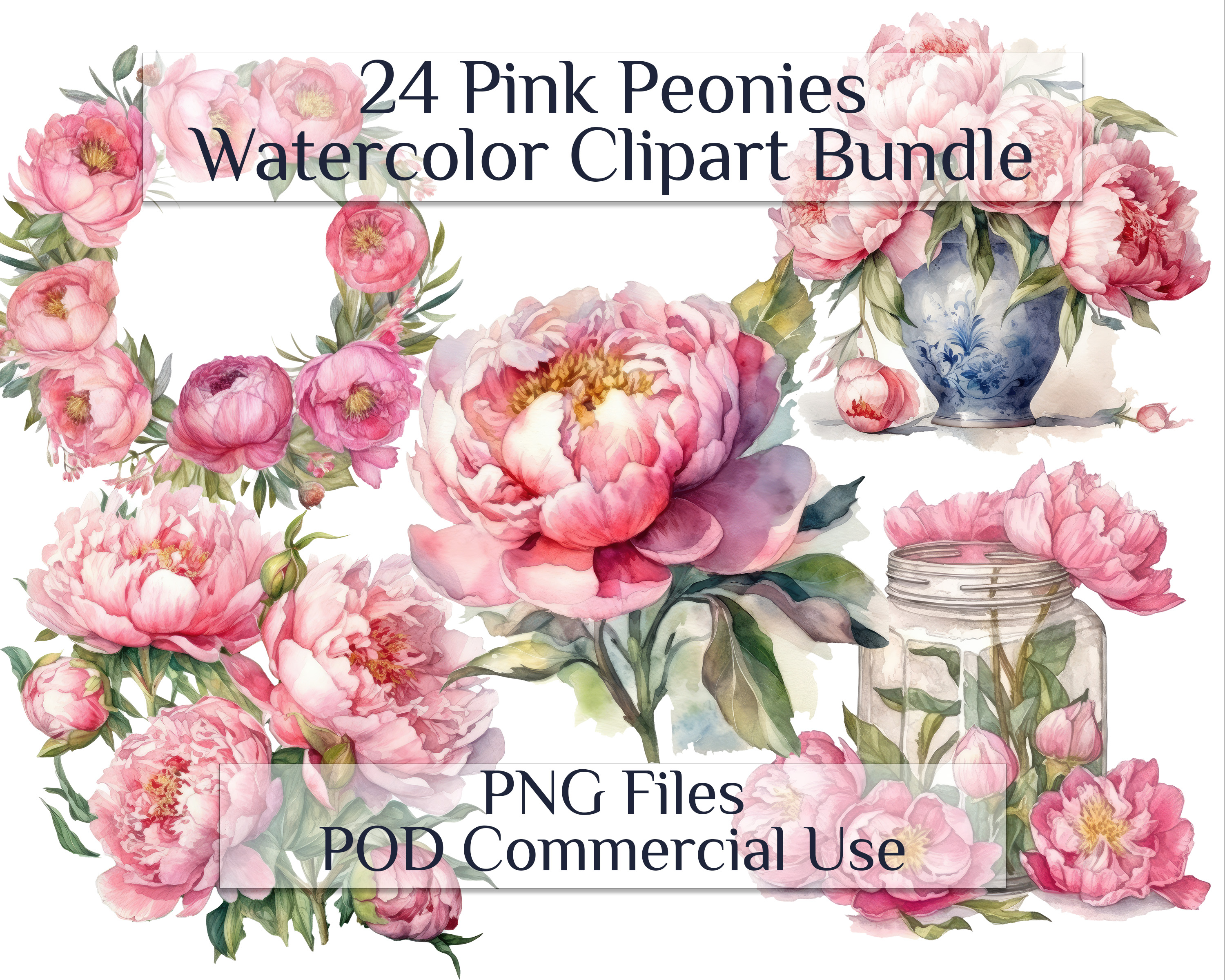 Watercolor Pink Peonies Clipart Bundle, Mother's Day Clip Art, Wedding ...