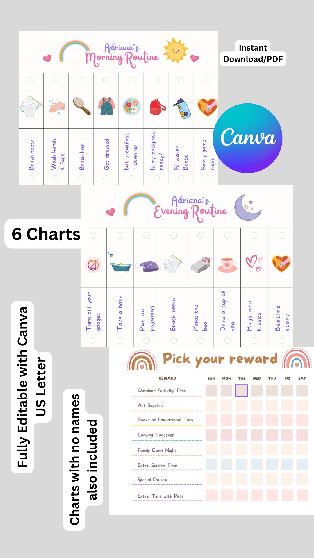 Kids Flip Daily Routine and Chores Chart, Editable Canva Template ...