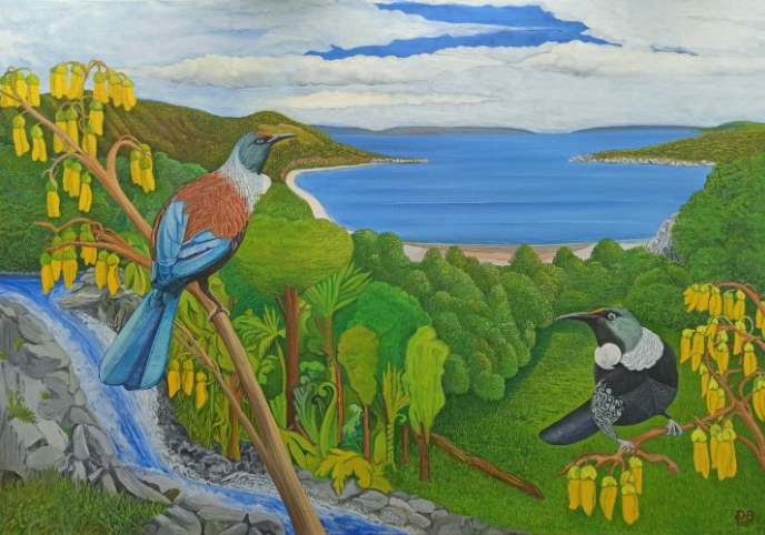 New Zealand tui painting by NZ artist Darren Burch