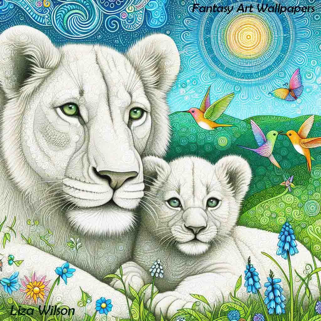 .White lioness & cub on hills with wild flowers and humming birds, Spirograph style.  AI Art, lions, lioness, lion cub, spirograph, birds