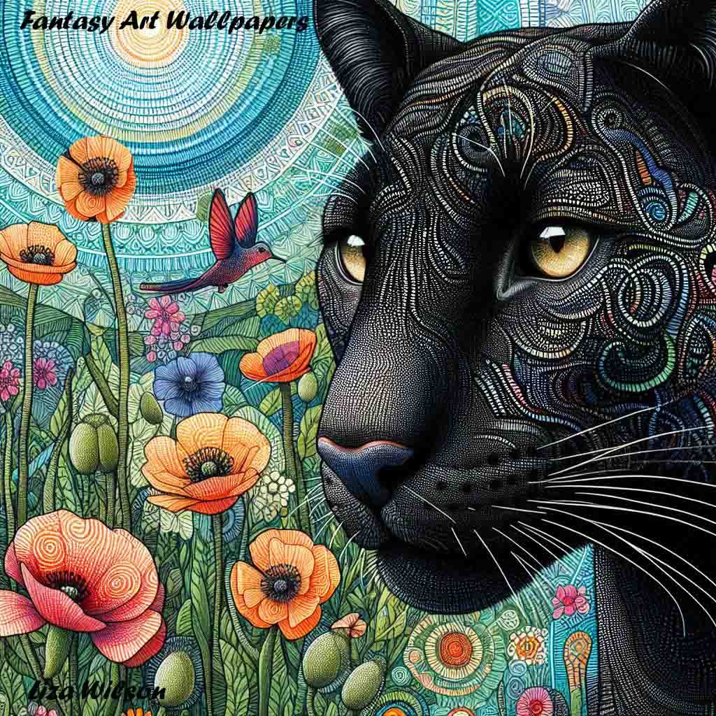 animals, black pumas, patterned black pumas, puma, pumas, cats, wild cats, trees, flowers, patterns, wallpapers