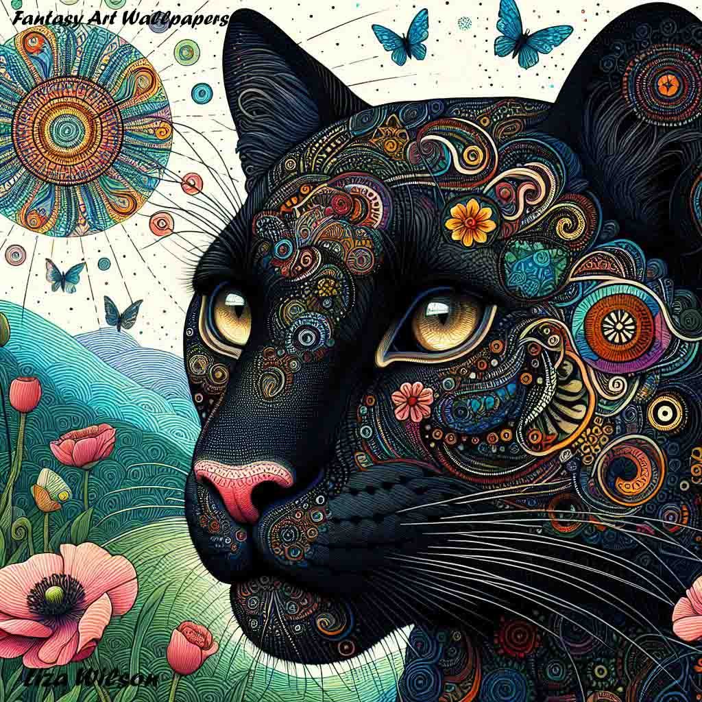 animals, black pumas, patterned black pumas, puma, pumas, cats, wild cats, trees, flowers, patterns, wallpapers