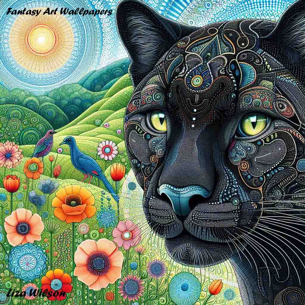 animals, black pumas, patterned black pumas, puma, pumas, cats, wild cats, trees, flowers, patterns, wallpapers