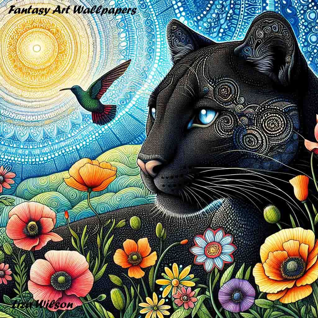 animals, black pumas, patterned black pumas, puma, pumas, cats, wild cats, trees, flowers, patterns, wallpapers