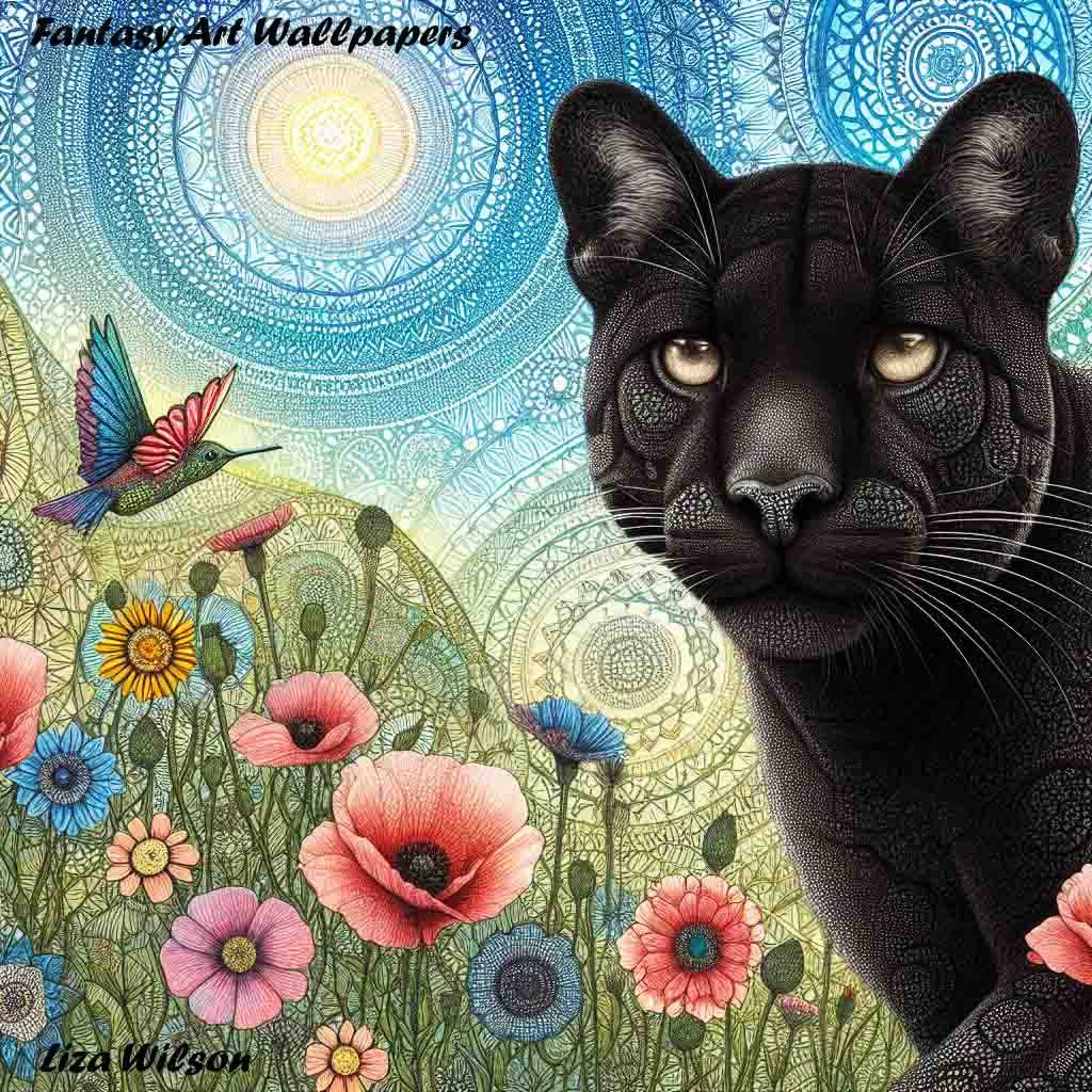 animals, black pumas, patterned black pumas, puma, pumas, cats, wild cats, trees, flowers, patterns, wallpapers, spirograph