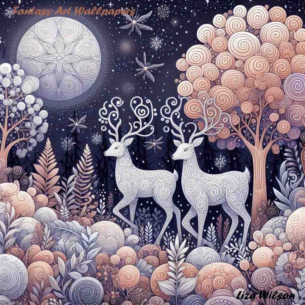 deer, deers, fawn, animals, trees, nature, whimsical, plants, flowers, whimsical, patterns