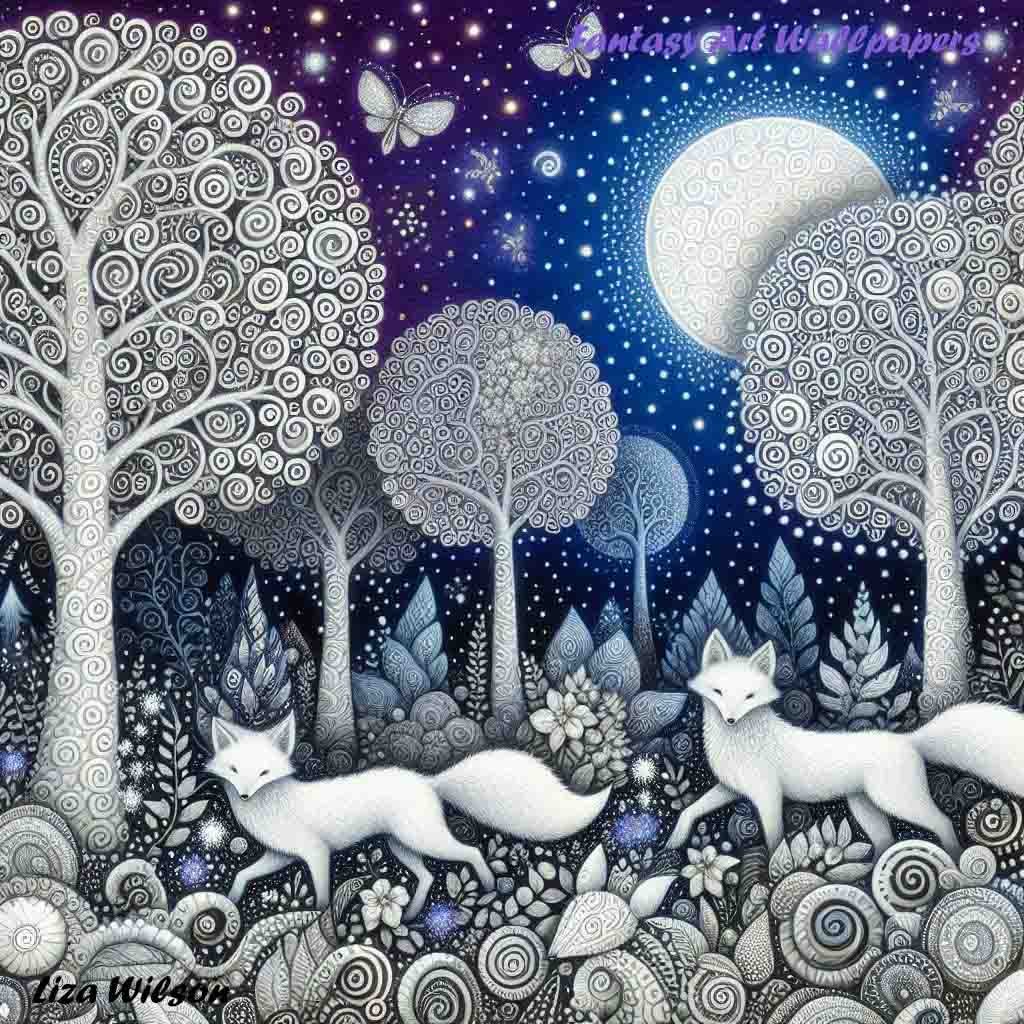 Fox, foxes, animals, trees, nature, flowers, whimsical, moon, stars, midnight
