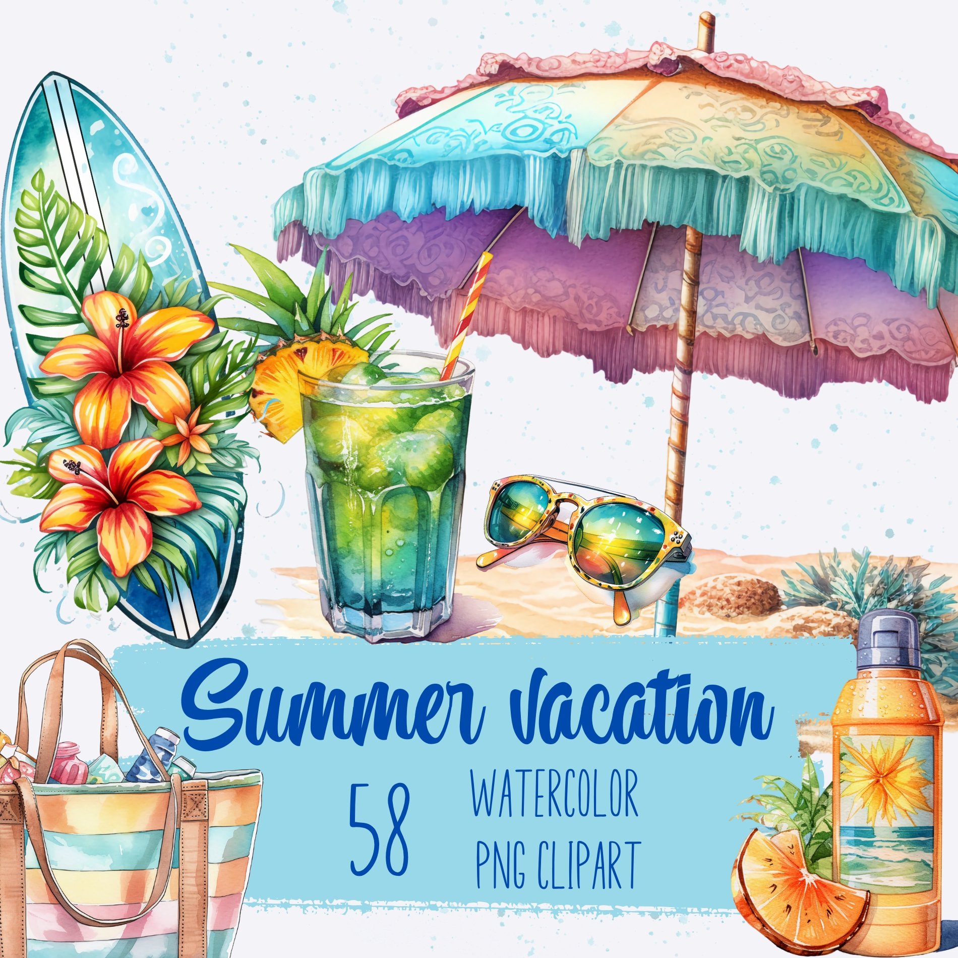 Watercolor Beach Summer Vacation Clipart Bundle - Payhip