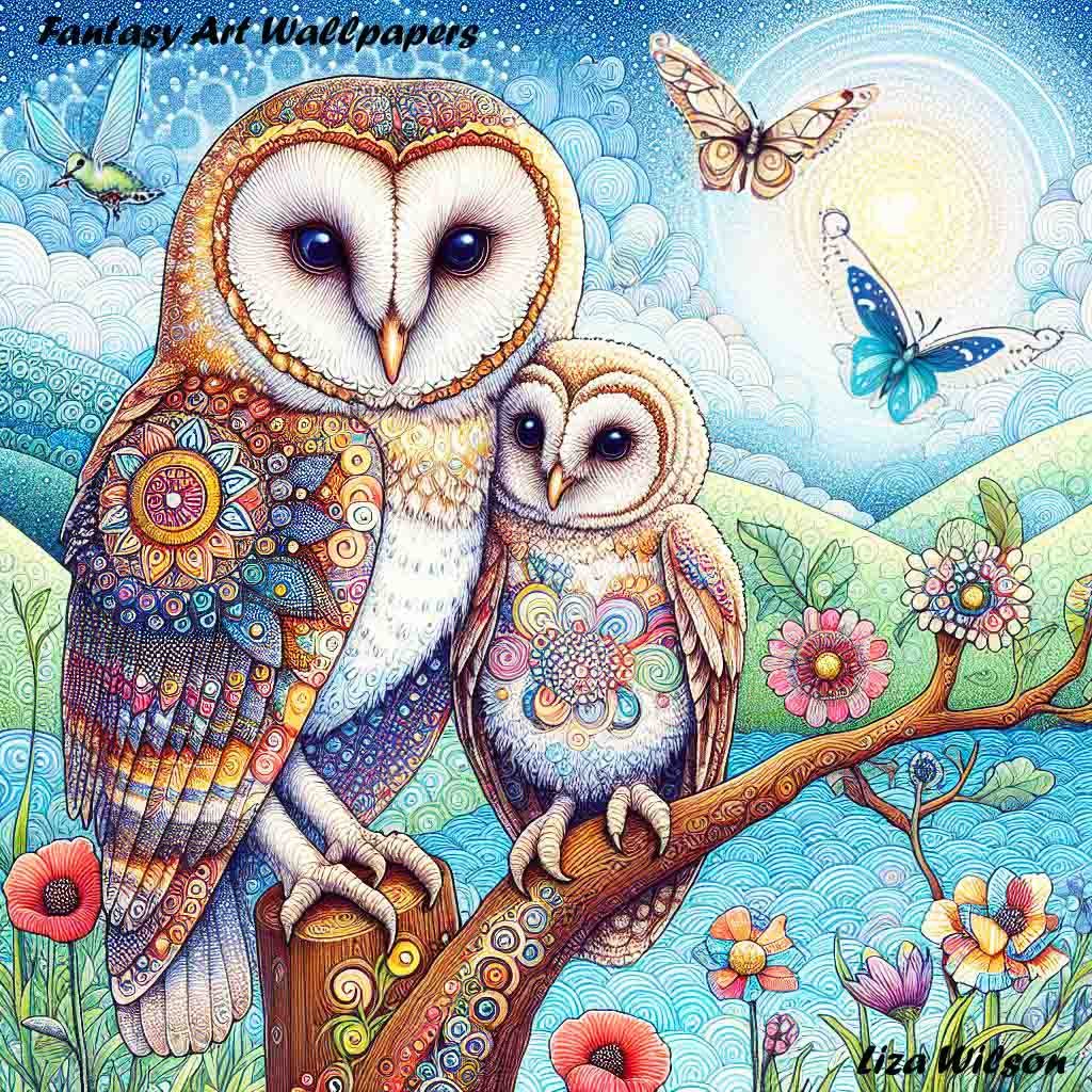 barn owls, baby barn owls, trees, flowers, hills, lakes, butterflies. spirograph, patterned, art, wallpapers