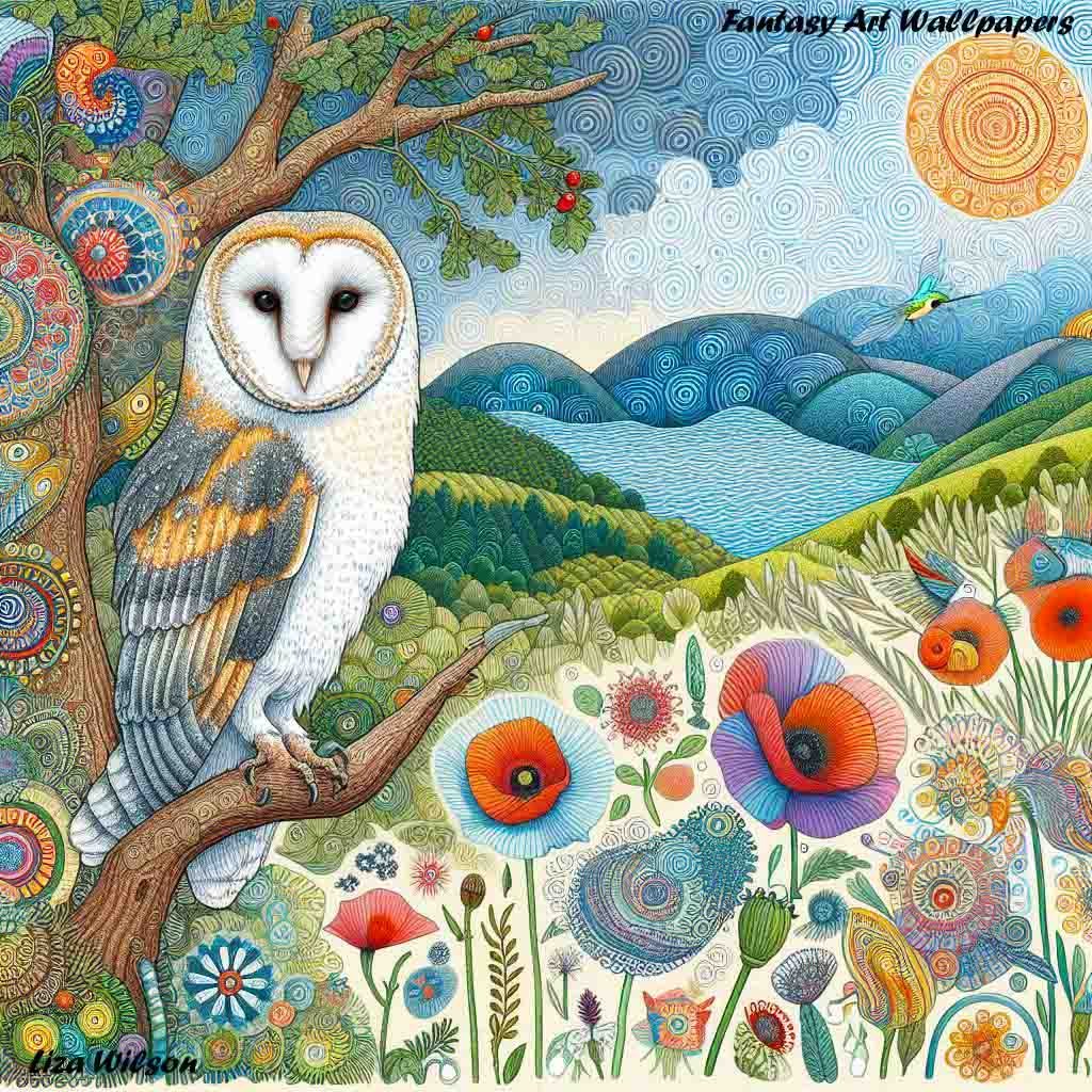 owl, owls, barn owls, bird, birds, night, night owls, trees, branches, flowers, spirograph, patterns,