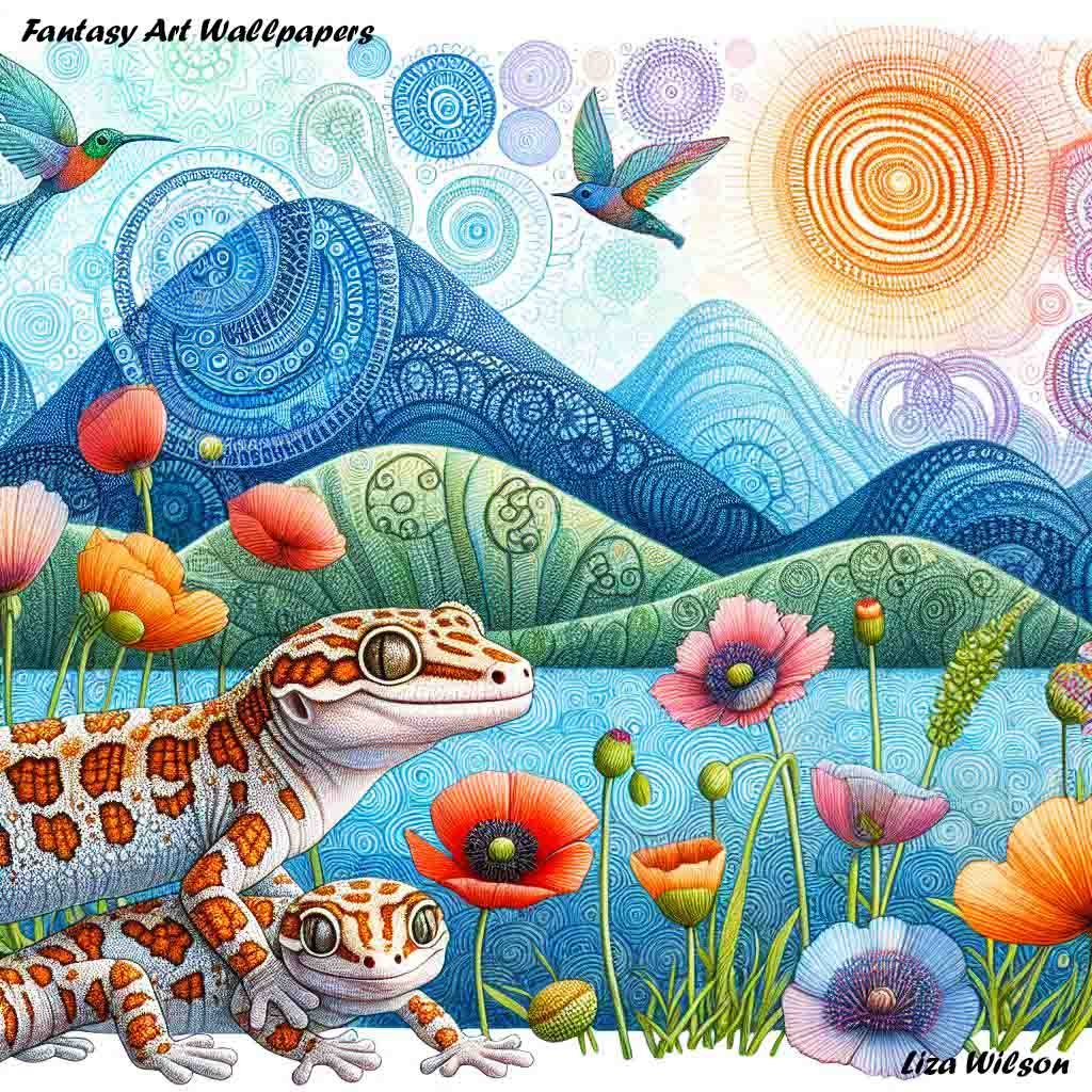 Gecko, geckos, lizards, lakes, mountains, flowers, trees, nature, spirograph, patterns, art, wallpapers