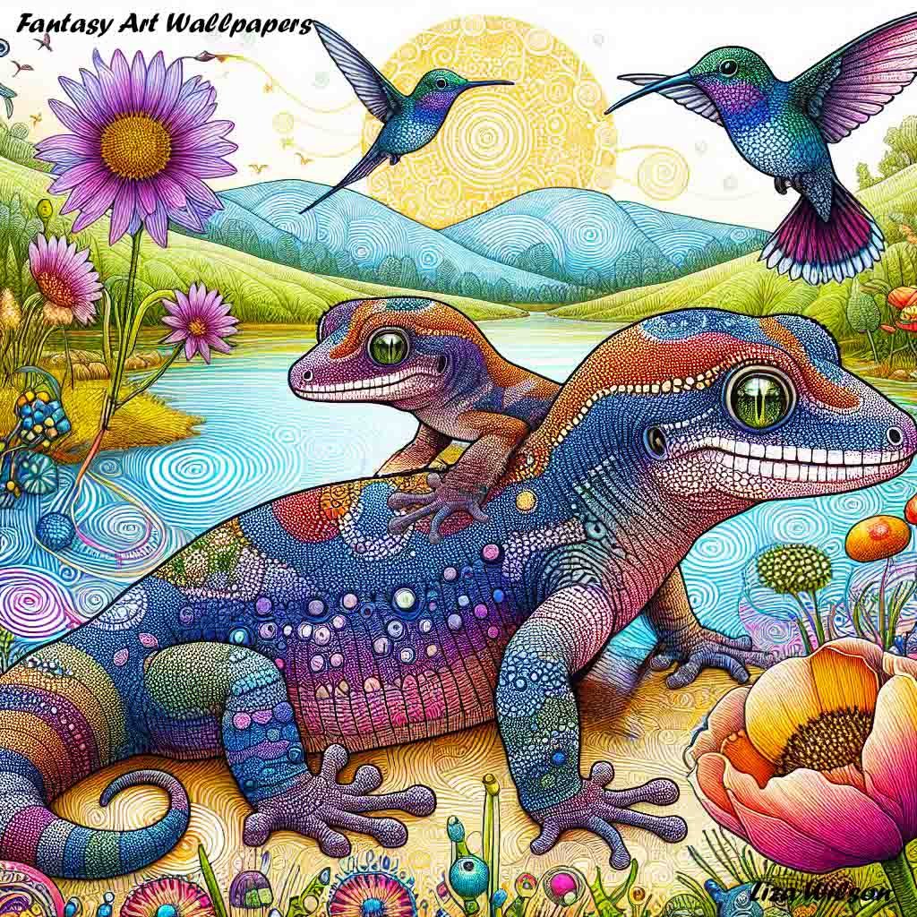 Gecko, geckos, lizards, lakes, mountains, flowers, trees, nature, spirograph, patterns, humming birds, art, wallpapers