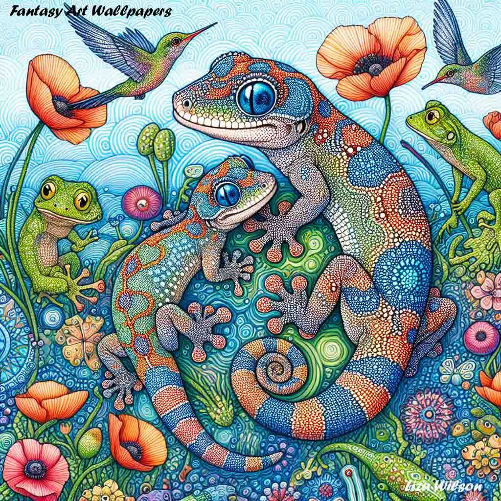 Gecko, geckos, lizards, lakes, mountains, flowers, trees, nature, spirograph, patterns, humming birds, art, wallpapers