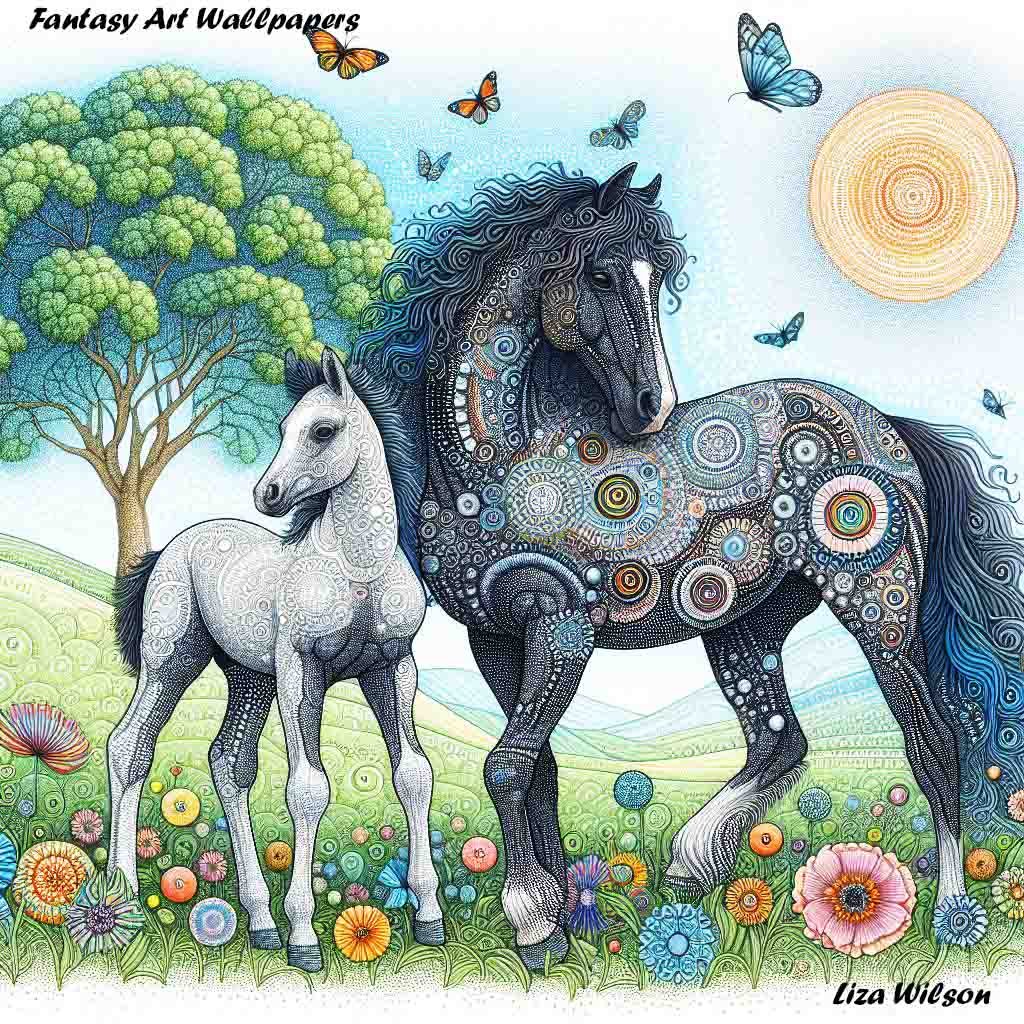 Beautiful black horse & foal with spirograph patterns on green hills scattered with poppies & bluebells. There is a curly tree & butterflies & a spirograph sun. AI Art, Fantasy Art Wallpapers Desktop Wallpapers