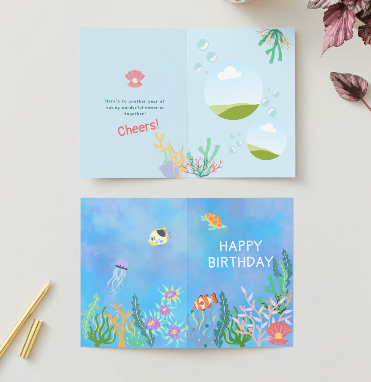 Vibrant Tropical Fish Design Special Occasions Bundle - 10 Editable Canva Templates for Weddings, Engagements, and More. Mock folded card