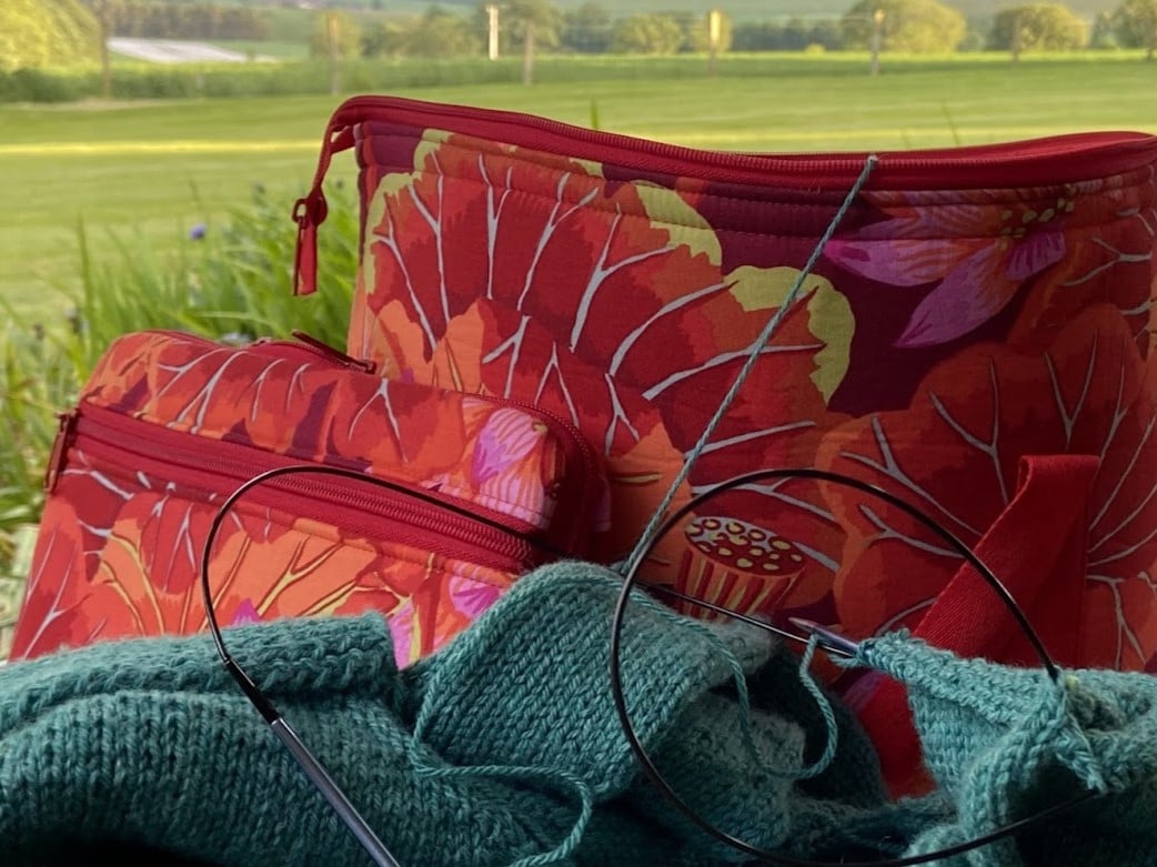 Points pouch and project bag together with knitting in front