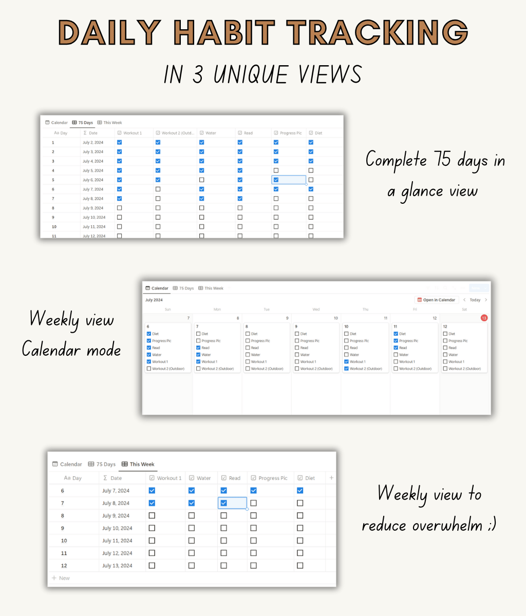 habit tracker, 75 Hard Challenge Notion Dashboard