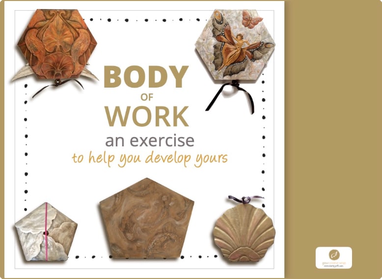 Gold and white book cover by C.Jeffs showing 5 artists books & titled Body of Work - an exercise to help you develop yours.