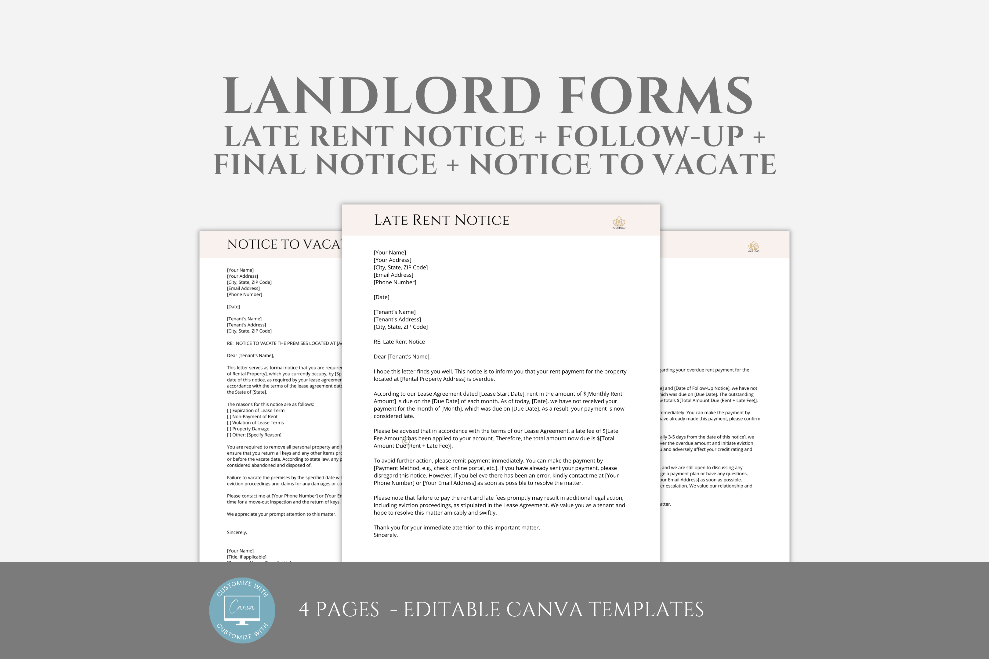 Editable Landlord Forms Templates - Late Rent Notice, Follow-Up Notice ...