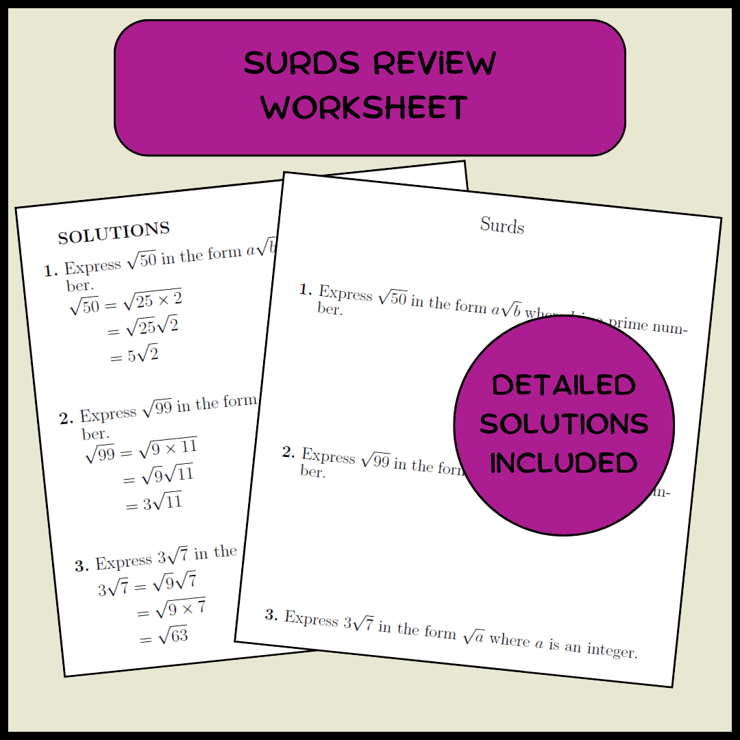 Surds review worksheet (with solutions)