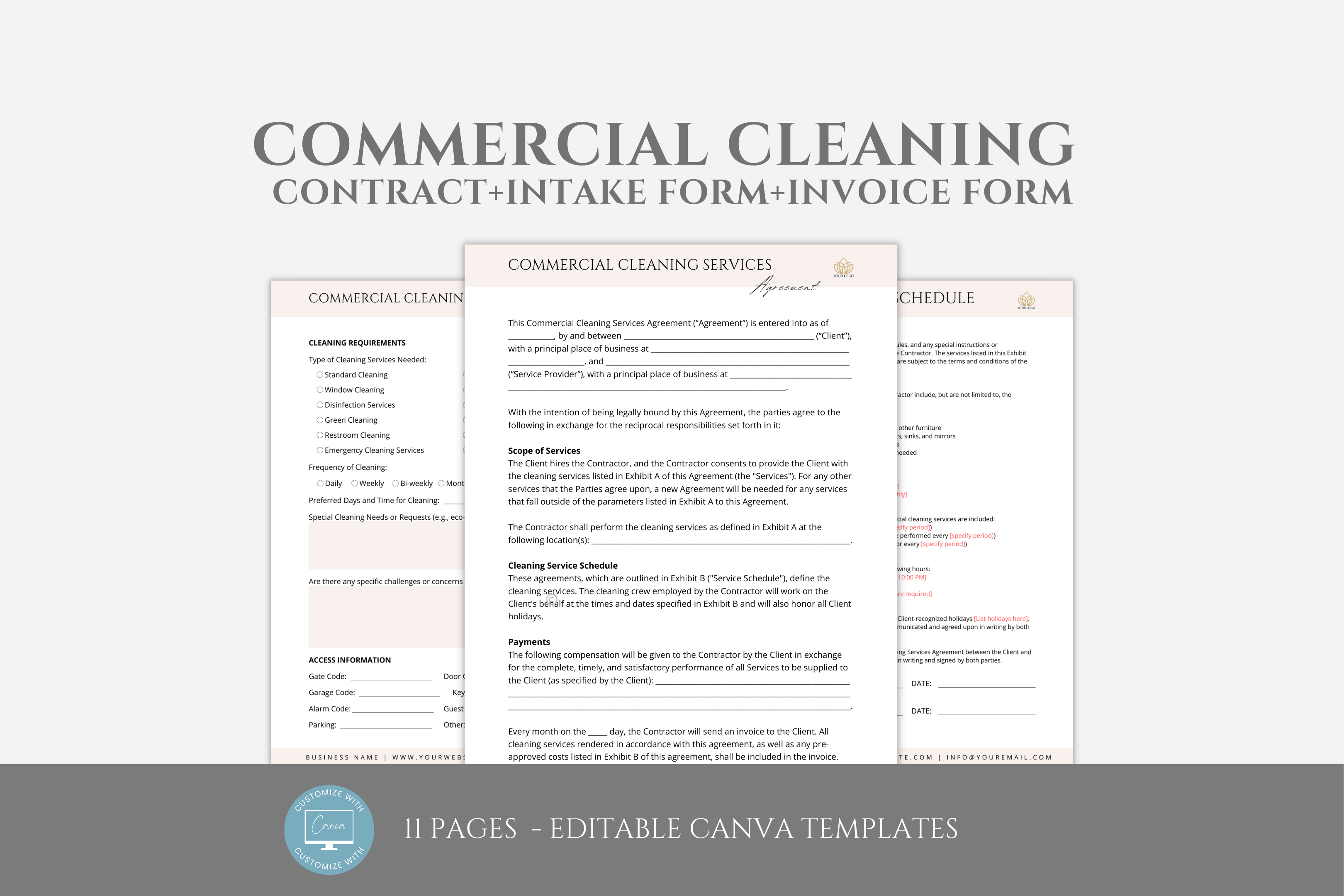 Editable Commercial Cleaning Contract, Intake Form, Invoice Template ...