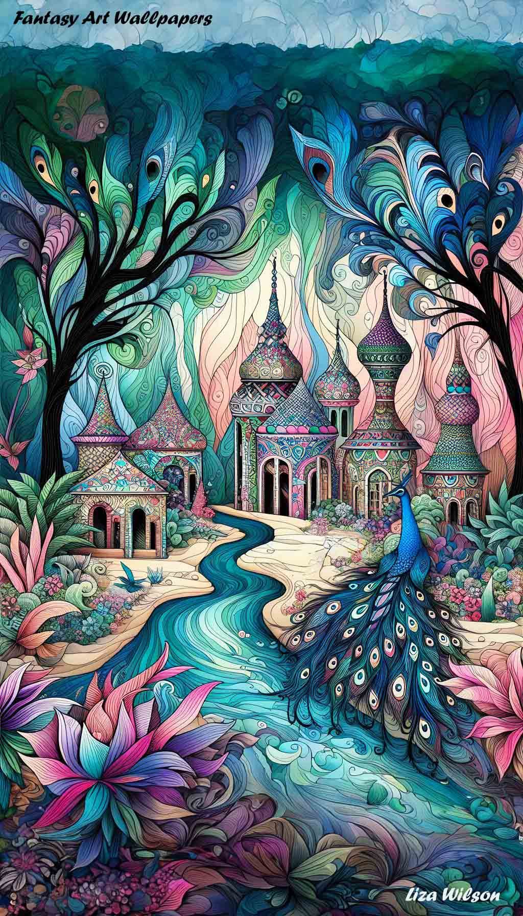 Whimsical Fairy houses in a magical forest with a winding river & flowers. There is a beautiful peacock with it's feathers open. Spirograph pattern style. Wallpaper for Android/iPhone