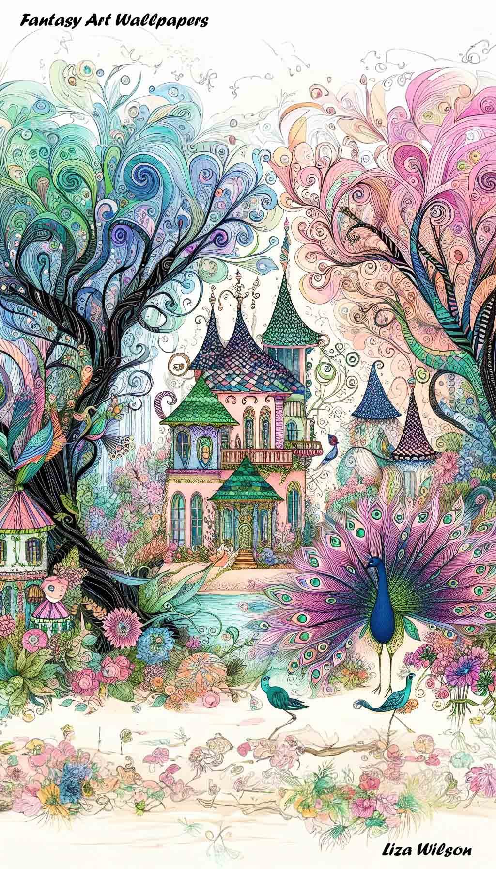 Whimsical Fairy houses, magical forests, winding river, flowers. peacocks Spirograph pattern style, wallpaper for Android/iPhone