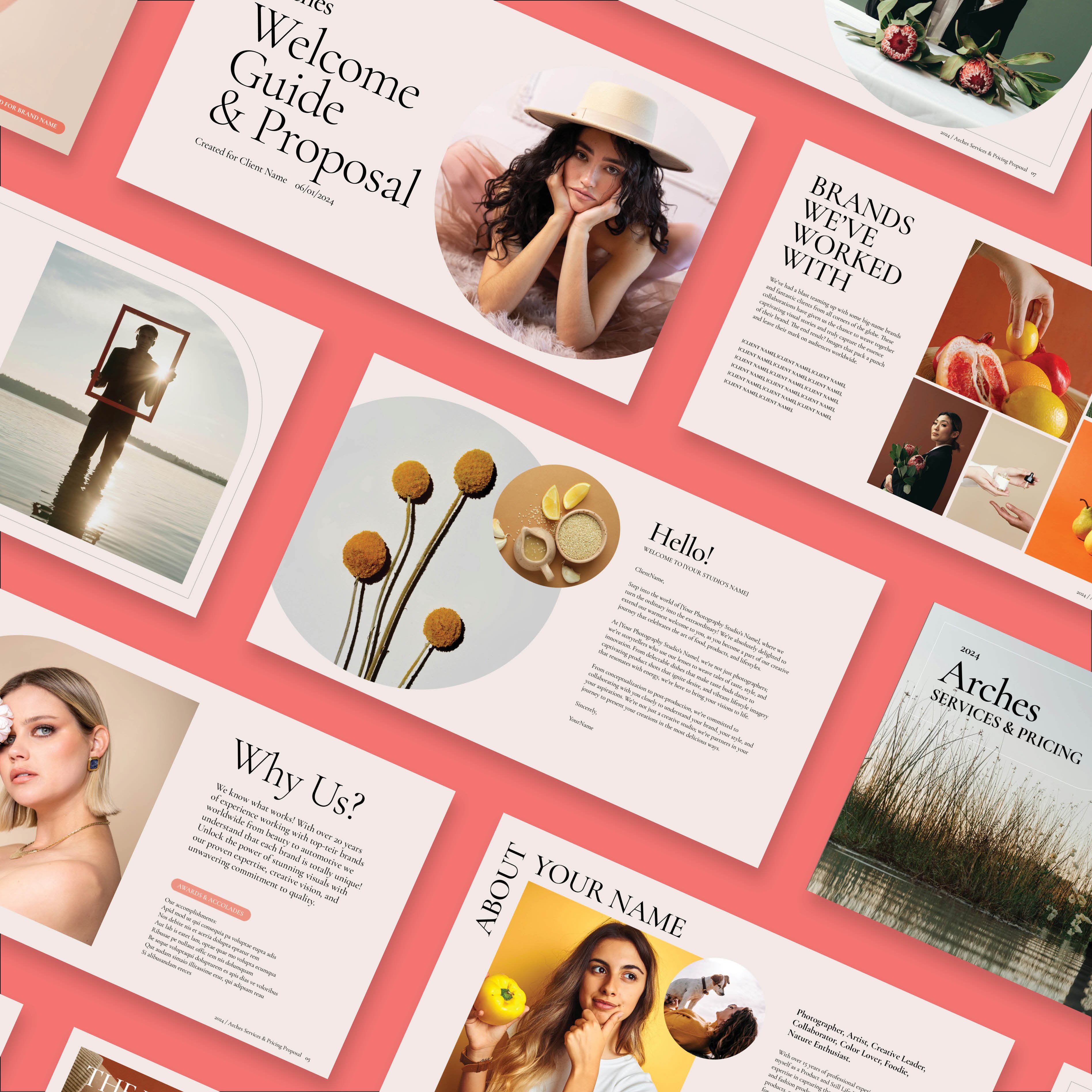 A collection of various printed materials and photos laid out on a pink background. These include images of people, floral arrangements, text about proposals and brands, and photos of nature scenes. The layout appears organized and visually appealing.