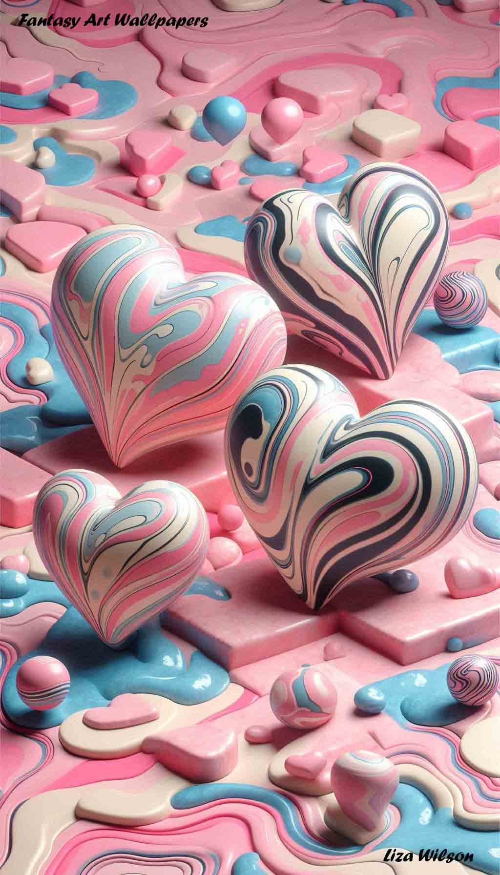 3D Style, Pink & cream hearts wallpaper,  Android/iPhone,  marbly melted lava background,  ripples, pinks, creams, blues, black