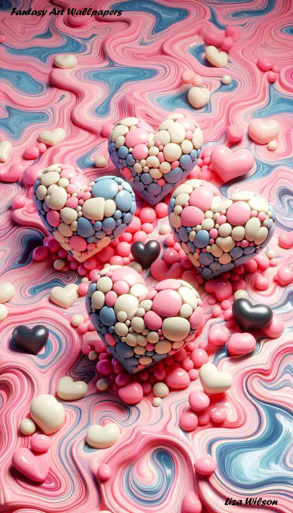 3D Style, Pink & cream hearts wallpaper, Android/iPhone, marbly melted lava background, ripples, pinks, creams, blues, black