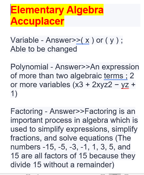 ACCUPLACER Arithmetic, ACCUPLACER Elementary Algebra exams with correct ...