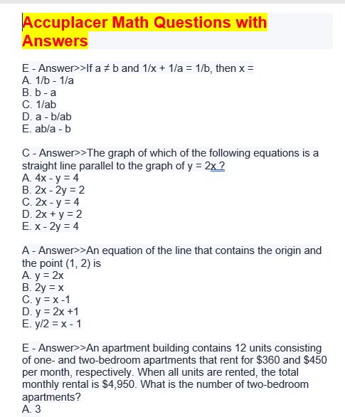 ACCUPLACER Arithmetic, ACCUPLACER Elementary Algebra exams with correct ...