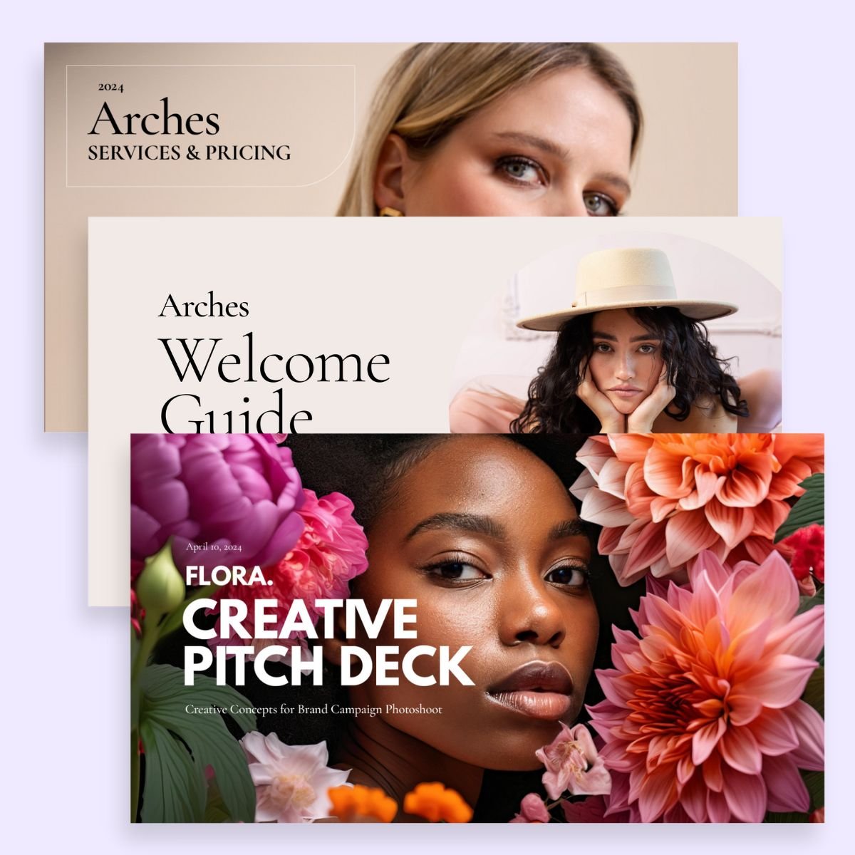 Three cover slides of Creative Treatment and Pitch Deck Presentation Templates for Photographers