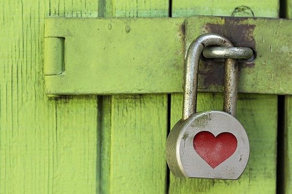 large padlock on green wooden door