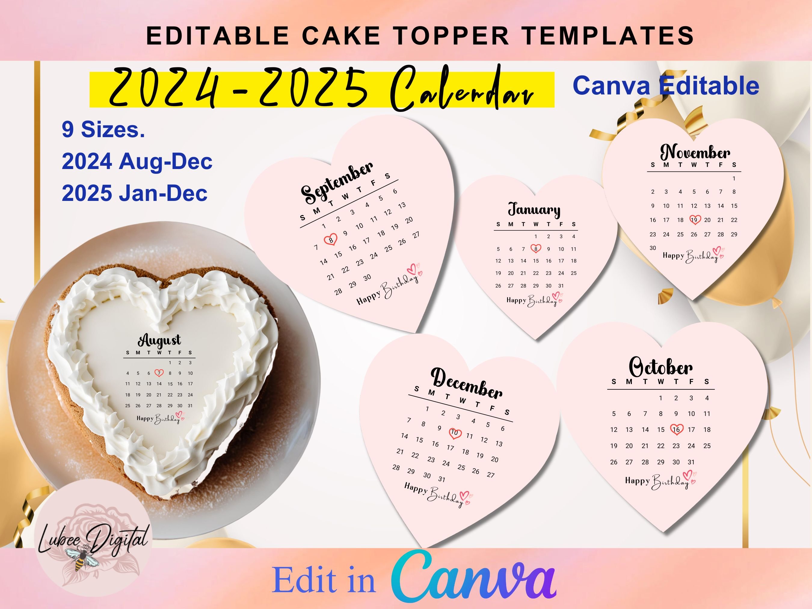 Generic Calendar Topper Canva Editable Heart Cake Calendar,Burn Away Calendar Cake Topper ...