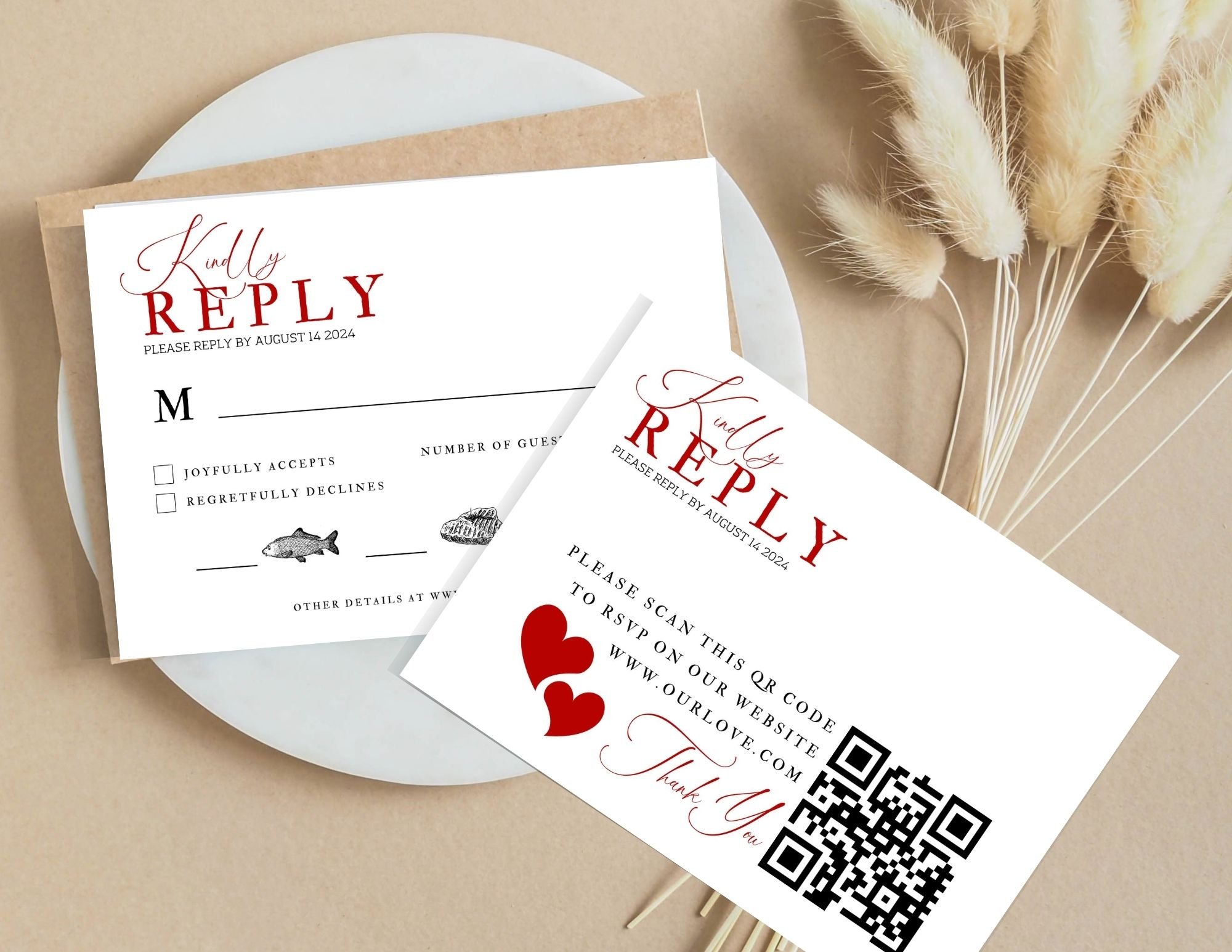 Wedding Rsvp Format Printable Wedding RSVP Cards With & Wthout QR Code | Red Queen Collection
