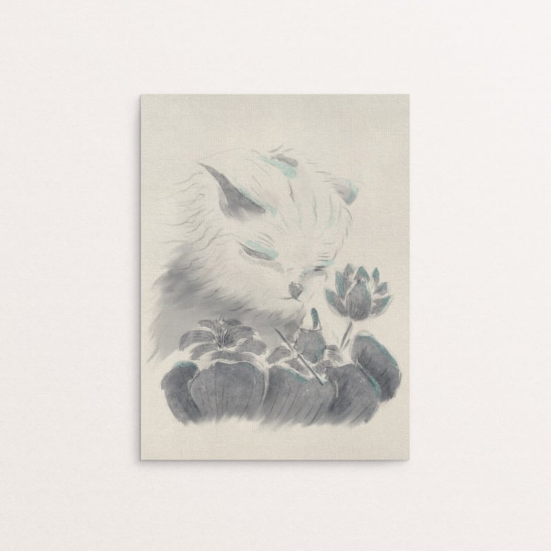 Illustration of neko sensei with floral, zen and wabisabi style