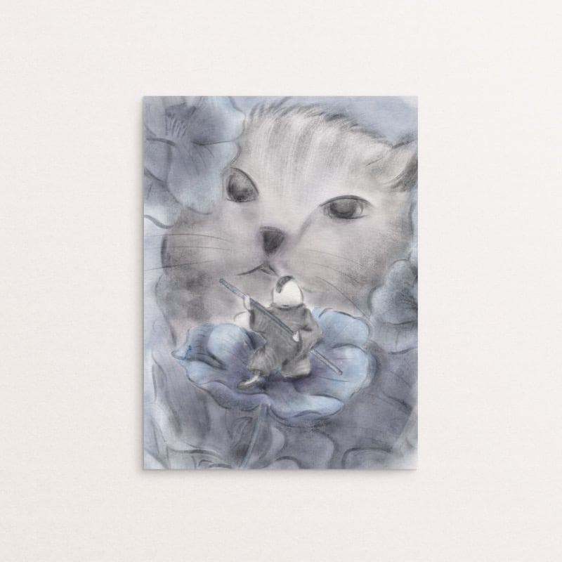 Illustration of neko sensei with floral, zen and wabisabi style
