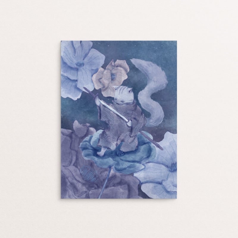 Illustration of neko sensei with floral, zen and wabisabi style