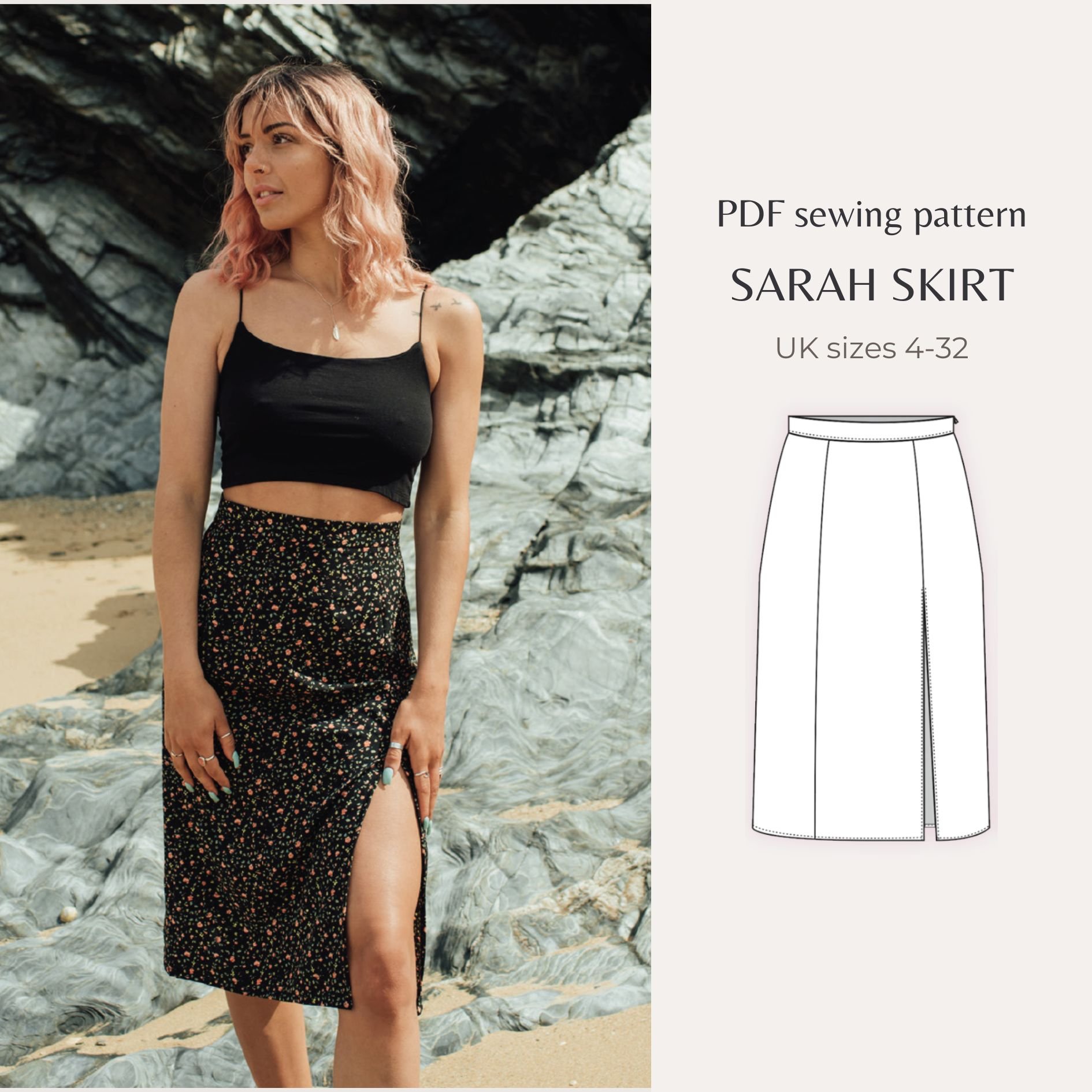 WOMEN SP INCISION SKIRT 完売品　しま Below Knee Paneled Skirt With Side Seam Pockets, Sewing
