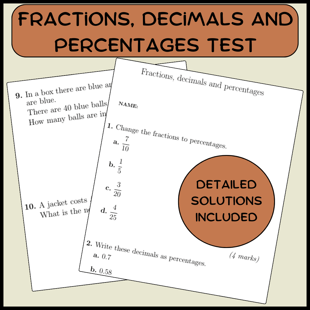 Fractions, decimals and percentages test (with solutions)