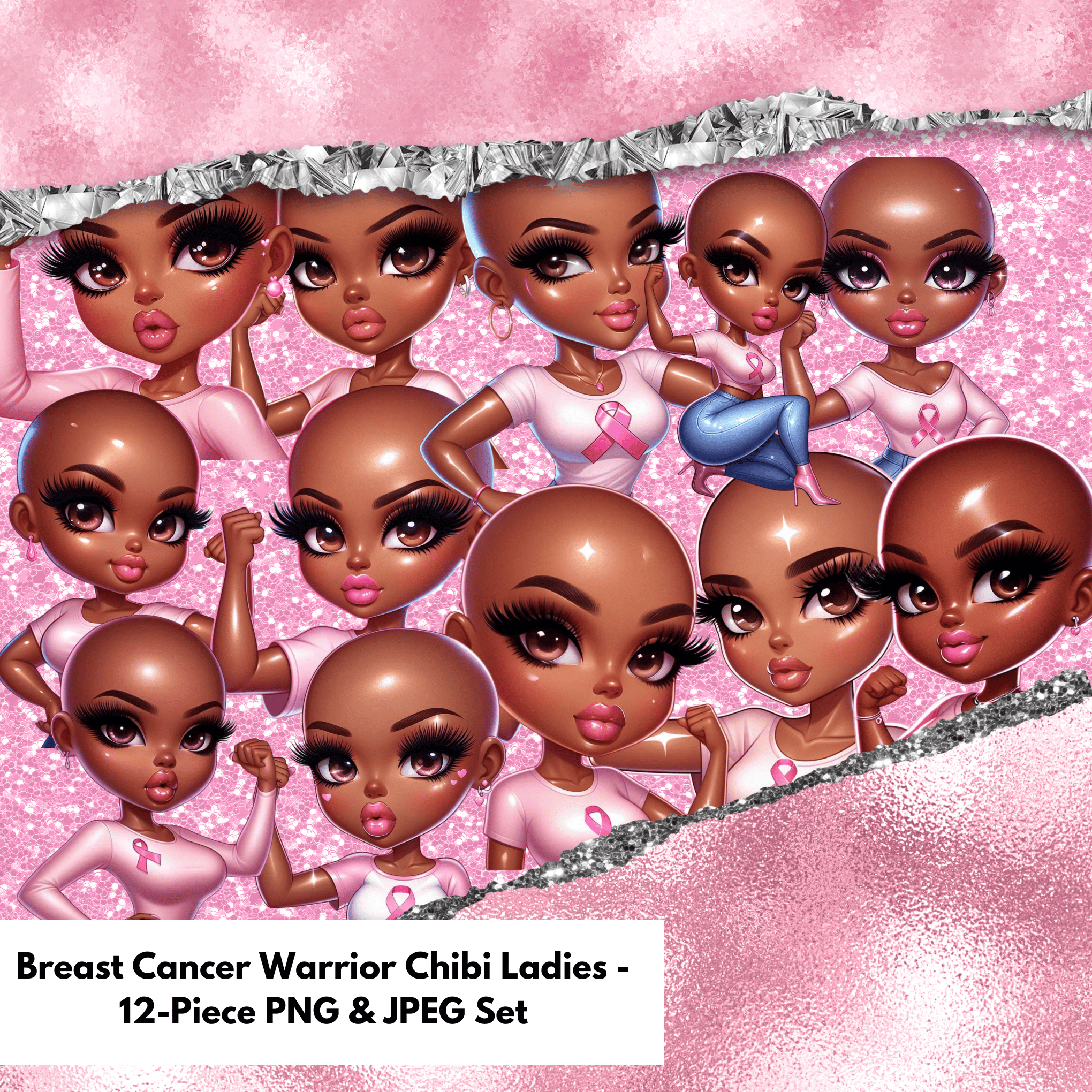 Breast Cancer Warrior Chibi Ladies - 12-Piece PNG & JPEG Set - Payhip