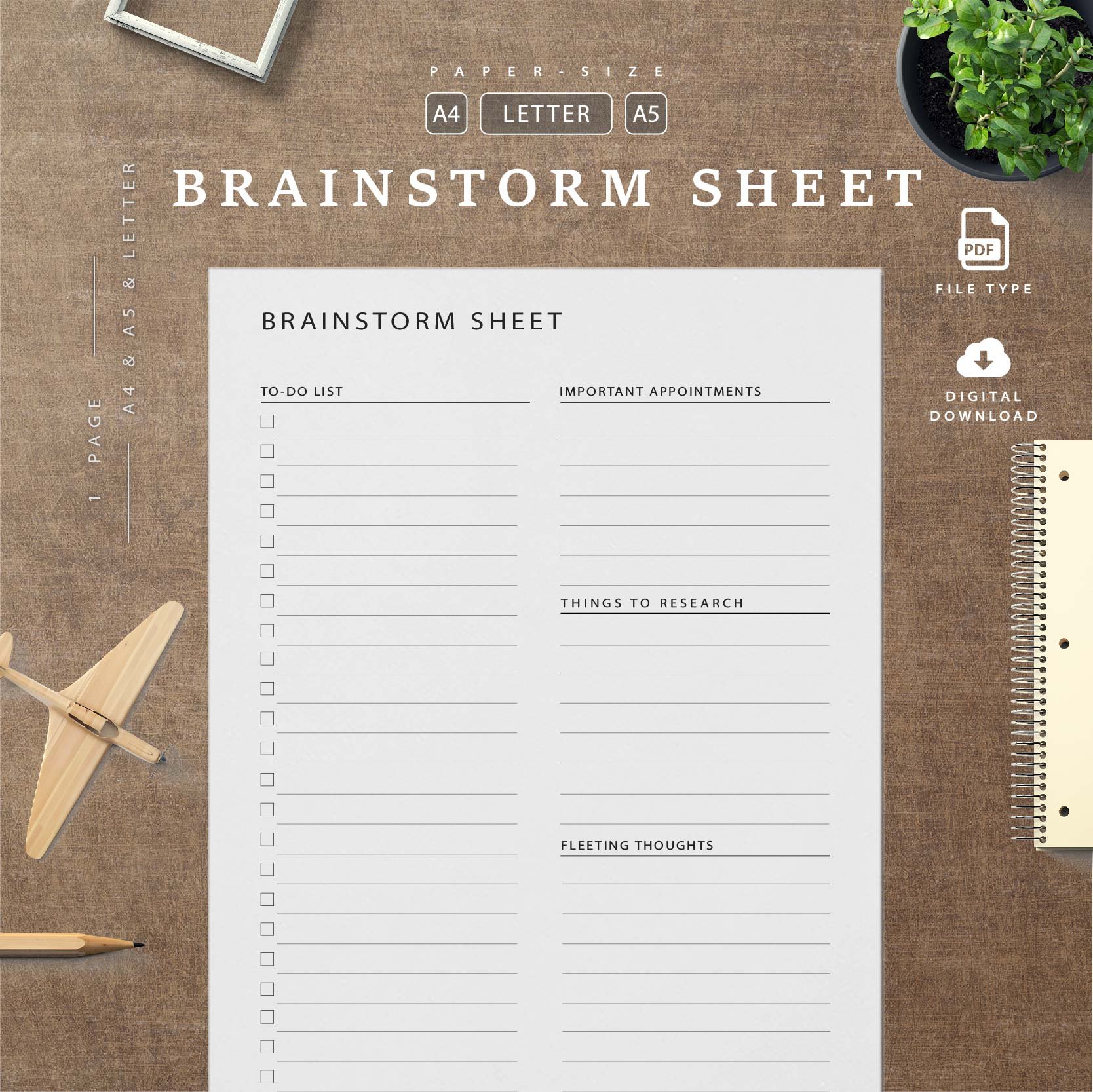 Brainstorm Sheet Planner design A4, Letter, A5
