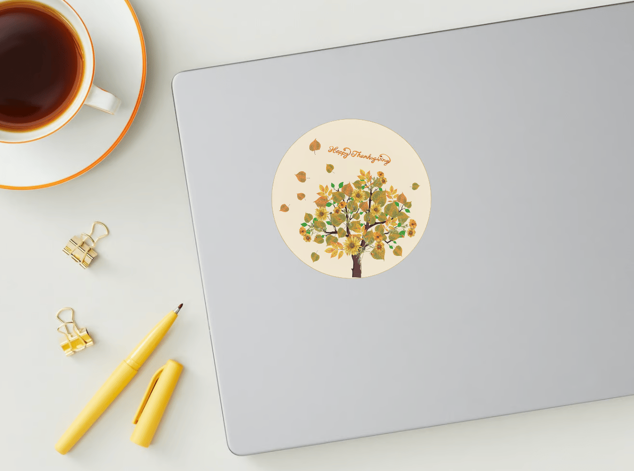 Customizable Abundant Vibrant Tree Circle Sticker | Digital Canva Template. Mock sticker on laptop