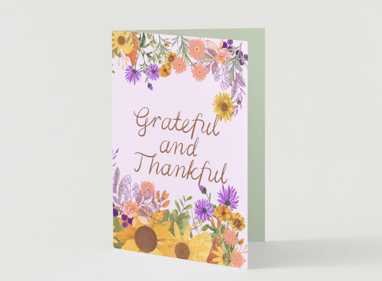 Customizable Vibrant Floral Abundance Folded Card Portrait | Digital Canva Template. Mock card outside front view